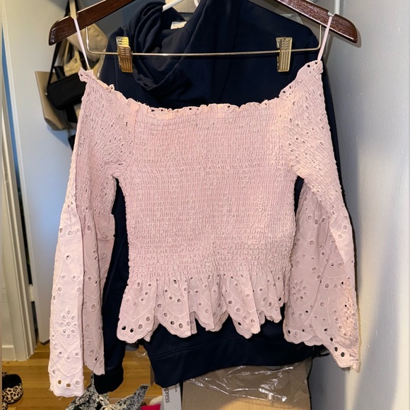 Express Off The Shoulder Smocked Eyelet Lace Bell Sleeve Top - Picture 3 of 6